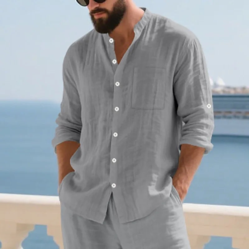 Men Linen Button Down Mandarin Collar Long Sleeve Shirt