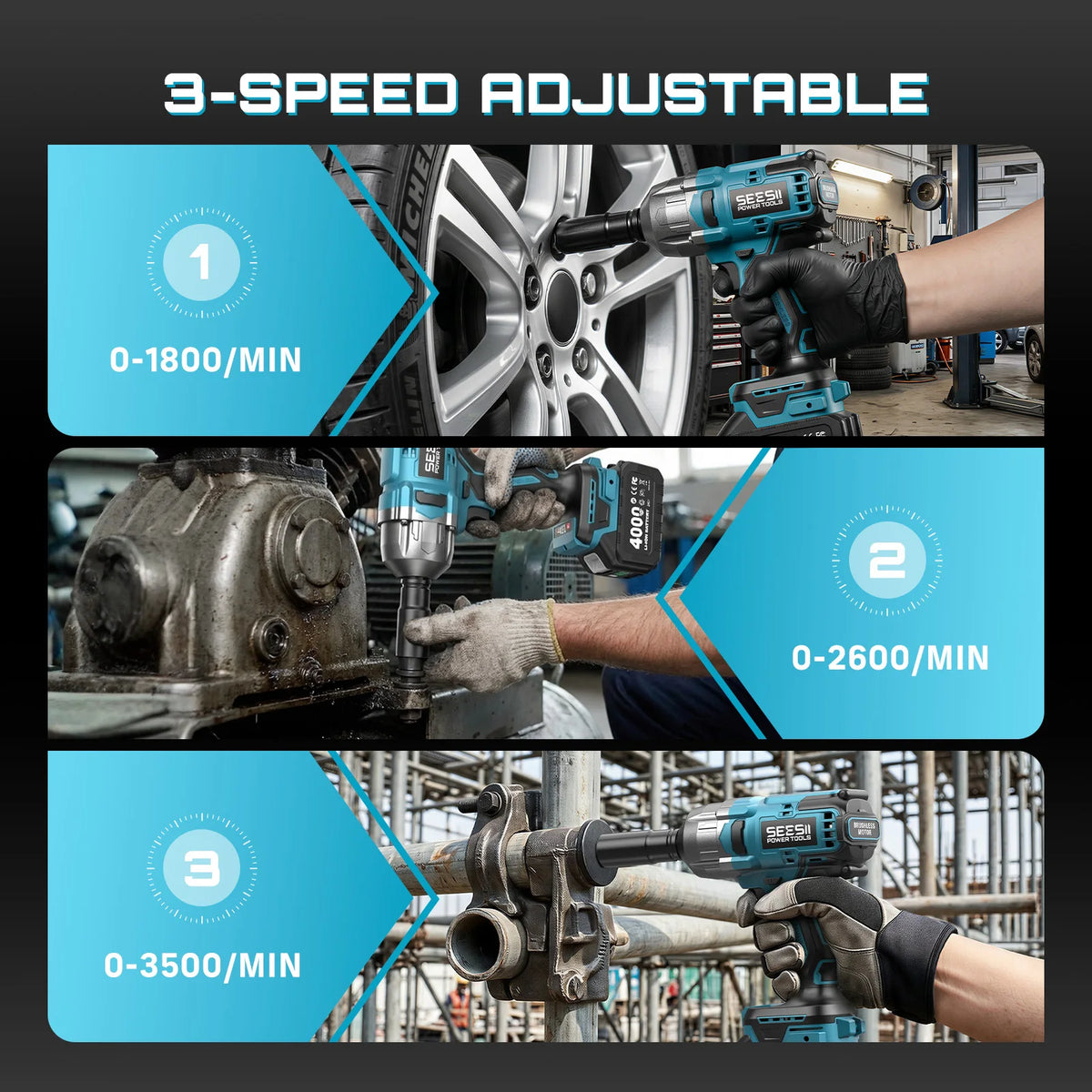 Seesii 3In1 Brushless Cordless Impact Wrench Drill Driver Compact Kit