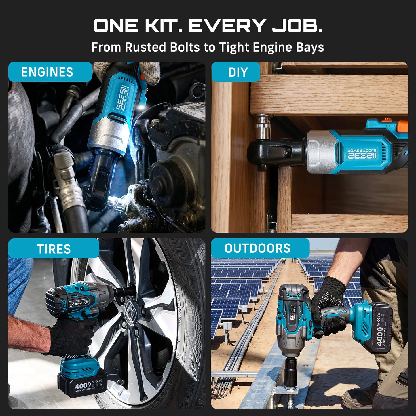 Seesii 3/8" Ratchet Wrench & 1000N.m Impact Wrench Kit Extended Cordless Electric Brushless Torque Impact Gun with 21v 4.0Ah Battery