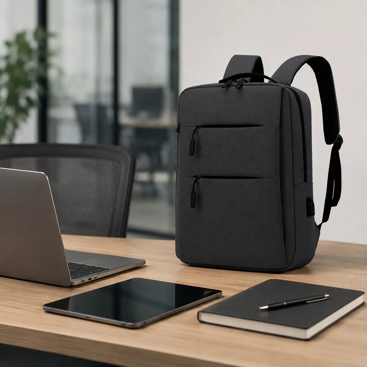 1pc Business Laptop Backpack With USB Charging Port, Water-Resistant Durable Canvas Travel Bookbag, 15.7x11.8in Large Slim Commuter Backpack For Men Women