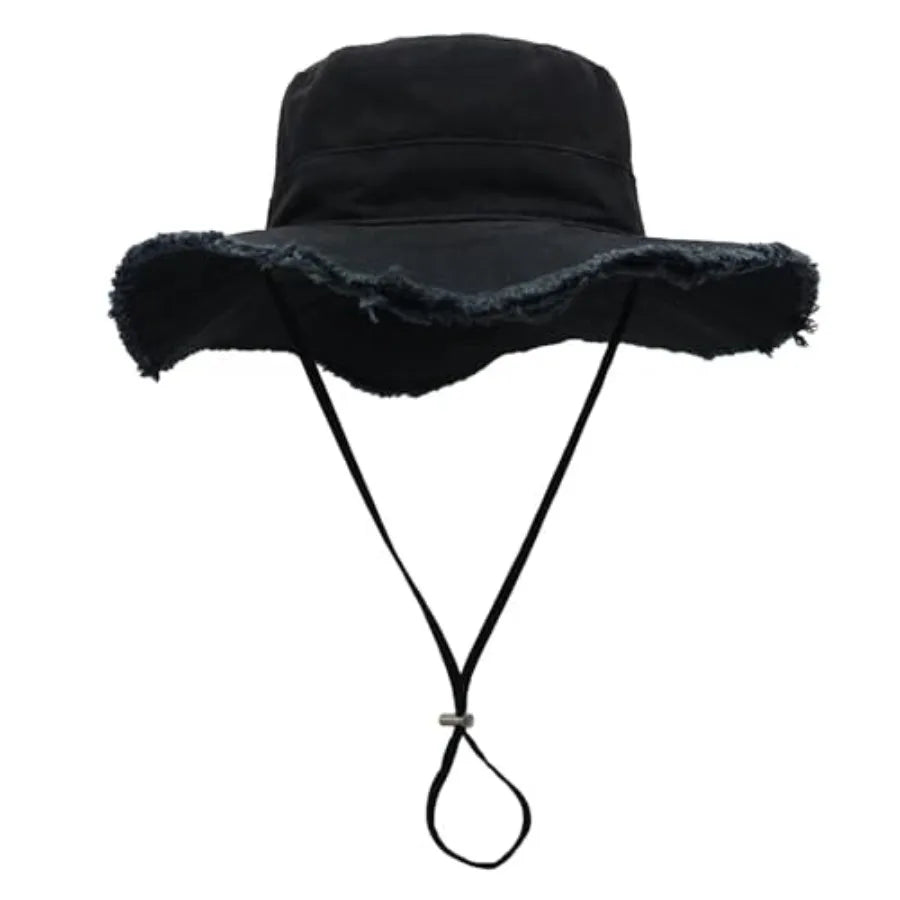 Womens UPF50+ Cotton Wide Brim Sun Hat with Strap Ladies Summer Floppy Hats Packable Women Washed Fringes Bucket Hat