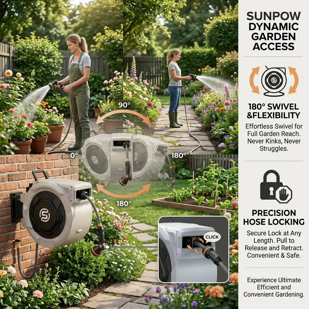 SUNPOW Retractable Garden Hose Reel - 5/8in x 65ft Heavy Duty Wall Mounted Hose Reel with 3/4in Brass Fitting & 10 Function Nozzle - Any Length Lock, Auto Rewind System, 180°Swivel Bracket - Gray