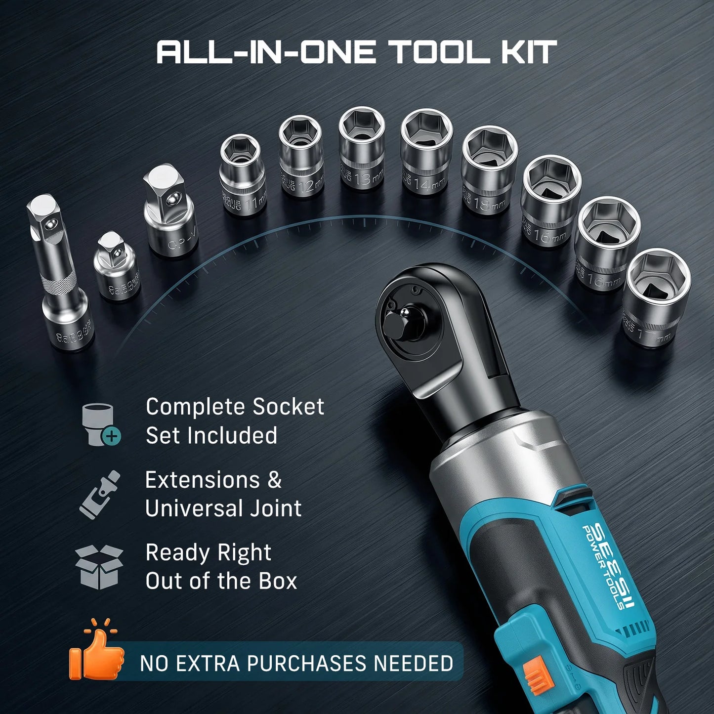 Seesii 3/8" Ratchet Wrench & 1000N.m Impact Wrench Kit Extended Cordless Electric Brushless Torque Impact Gun with 21v 4.0Ah Battery