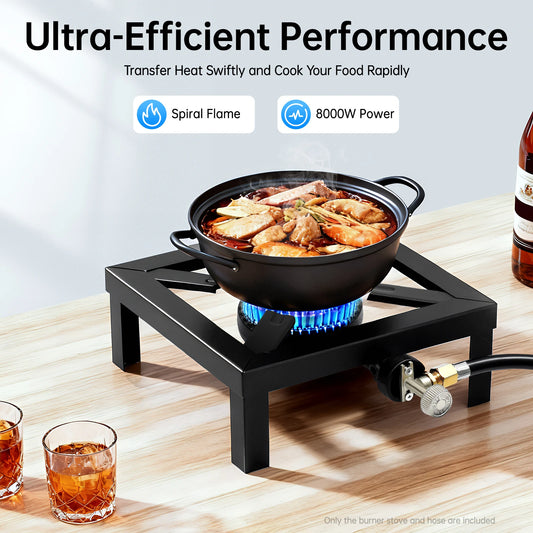 8000W High Power Camping Stove, Single Burner Cast Iron Portable Gas Cooker with Regulator Hose, for Outdoor Picnic BBQ RV
