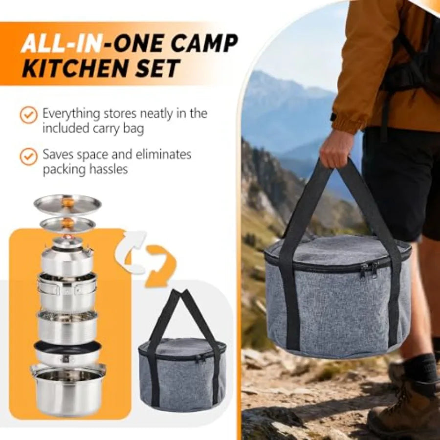 Lightweight Stainless Steel Camping Cookware Set With Carry Bag