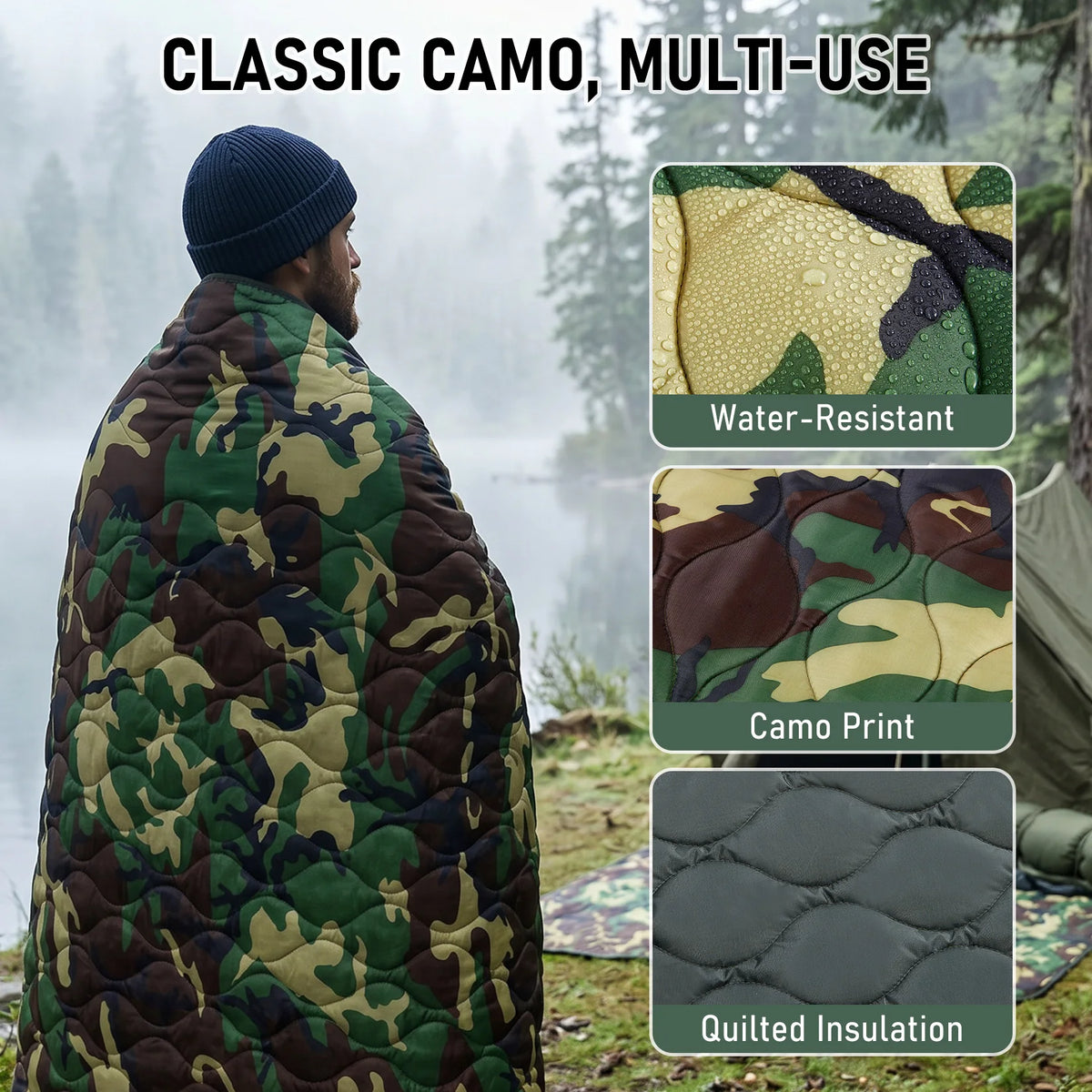 Lightweight Quilted Camping Blanket and Outdoor Survival Poncho Liner