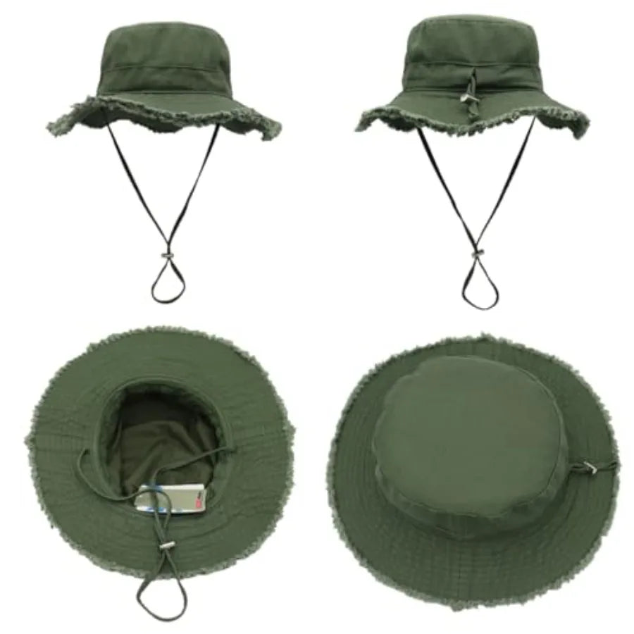 Womens UPF50+ Cotton Wide Brim Sun Hat with Strap Ladies Summer Floppy Hats Packable Women Washed Fringes Bucket Hat