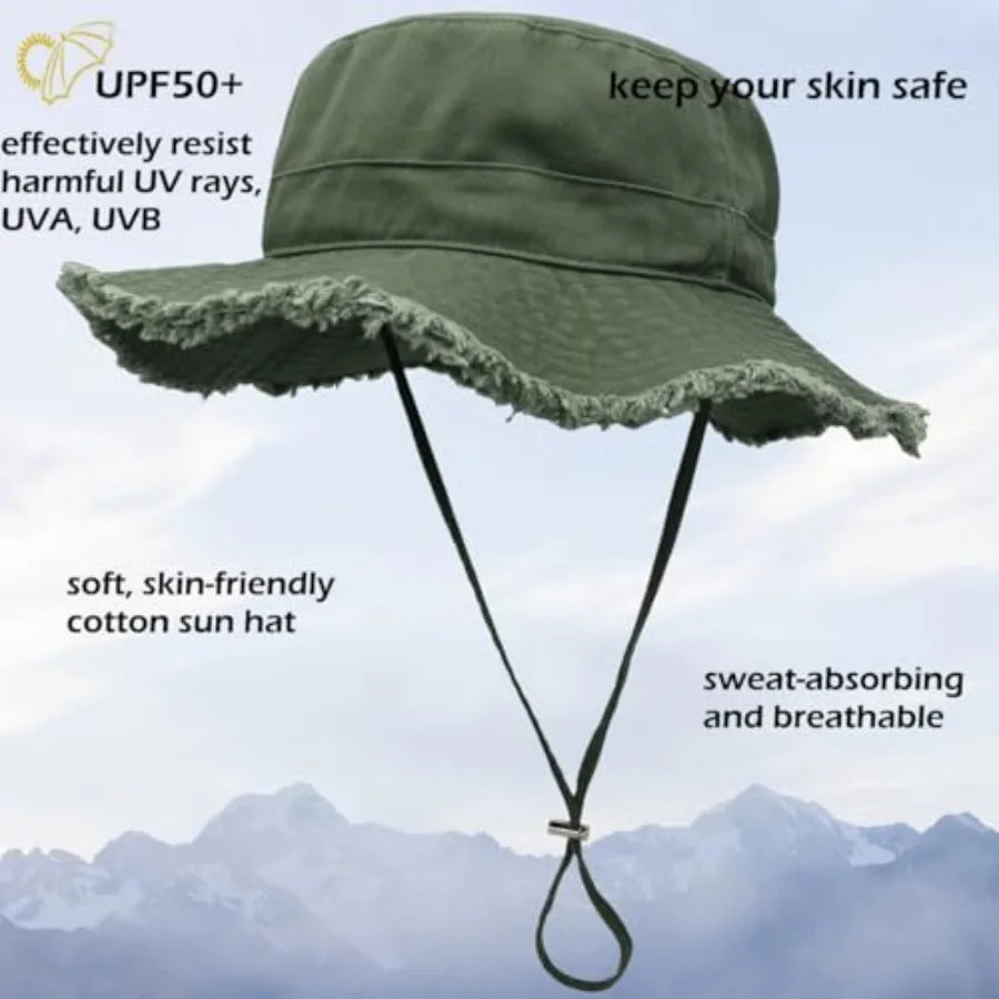 Womens UPF50+ Cotton Wide Brim Sun Hat with Strap Ladies Summer Floppy Hats Packable Women Washed Fringes Bucket Hat