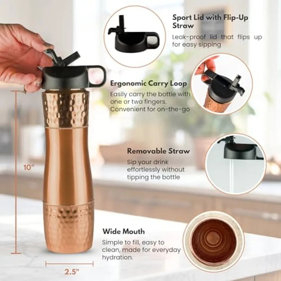 Ayurvedic Copper Water Bottle With Straw And Sports Lid
