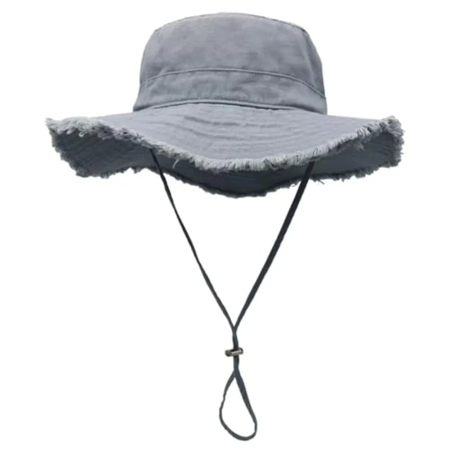 Womens UPF50+ Cotton Wide Brim Sun Hat with Strap Ladies Summer Floppy Hats Packable Women Washed Fringes Bucket Hat