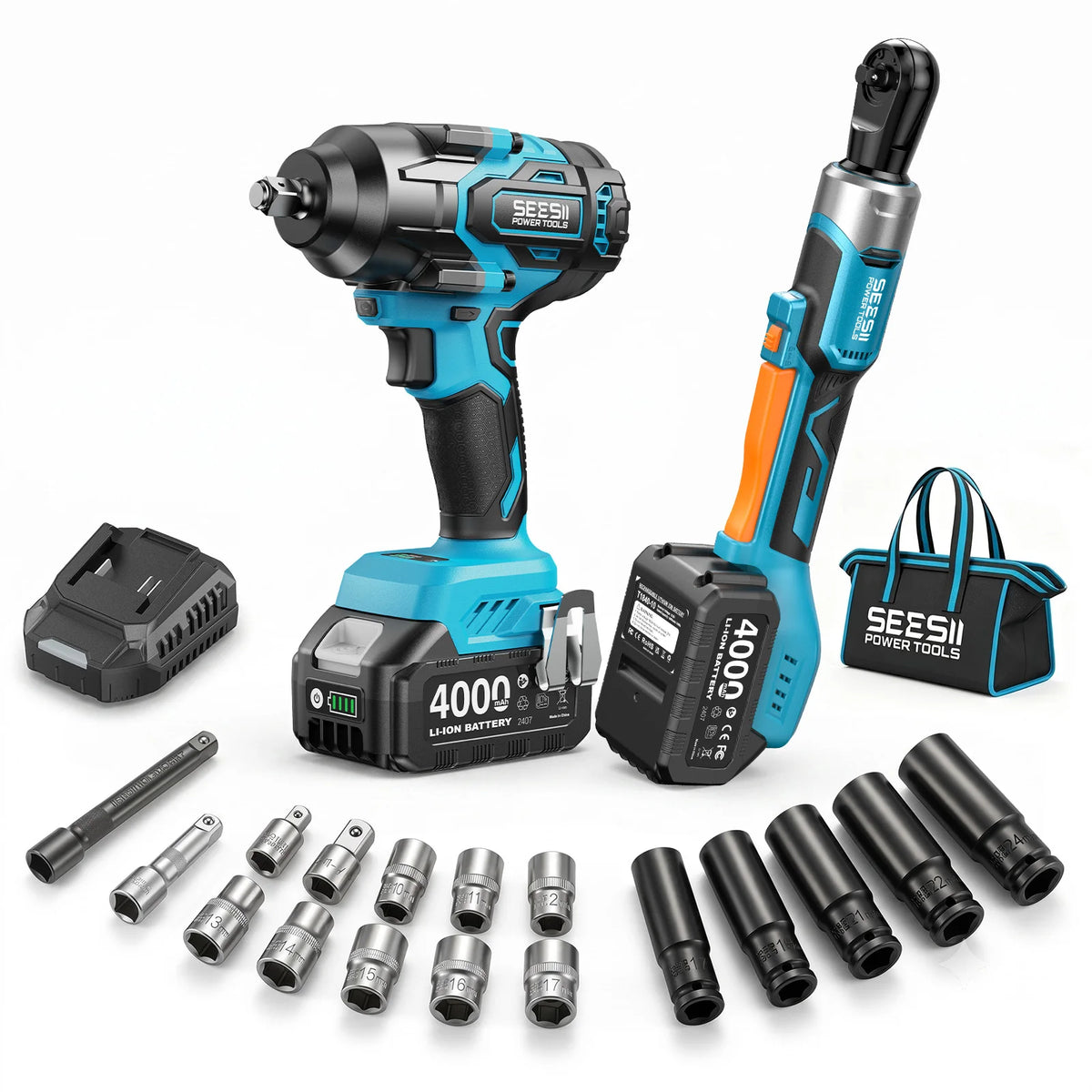 Seesii 3/8" Ratchet Wrench & 1000N.m Impact Wrench Kit Extended Cordless Electric Brushless Torque Impact Gun with 21v 4.0Ah Battery