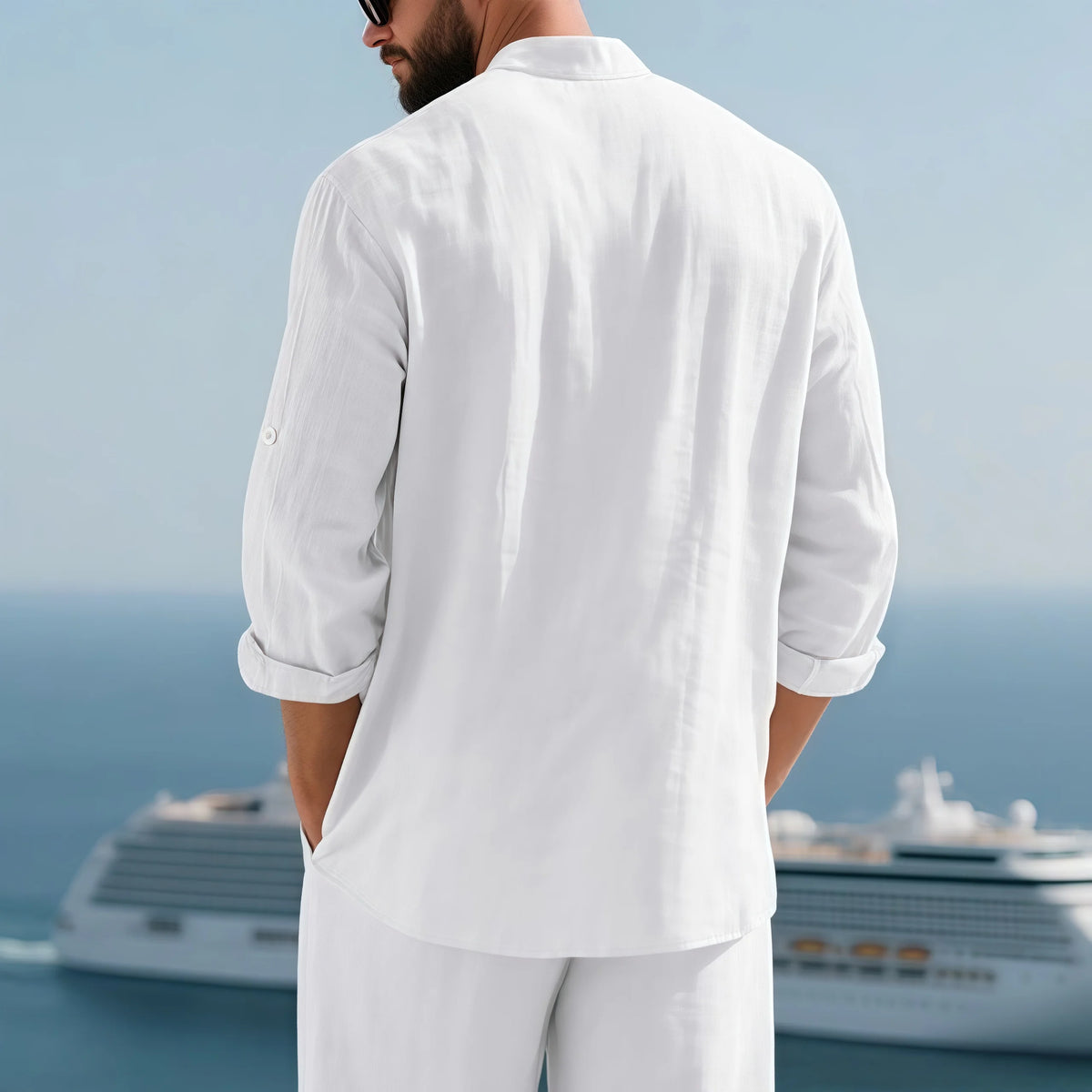 Men Linen Button Down Mandarin Collar Long Sleeve Shirt
