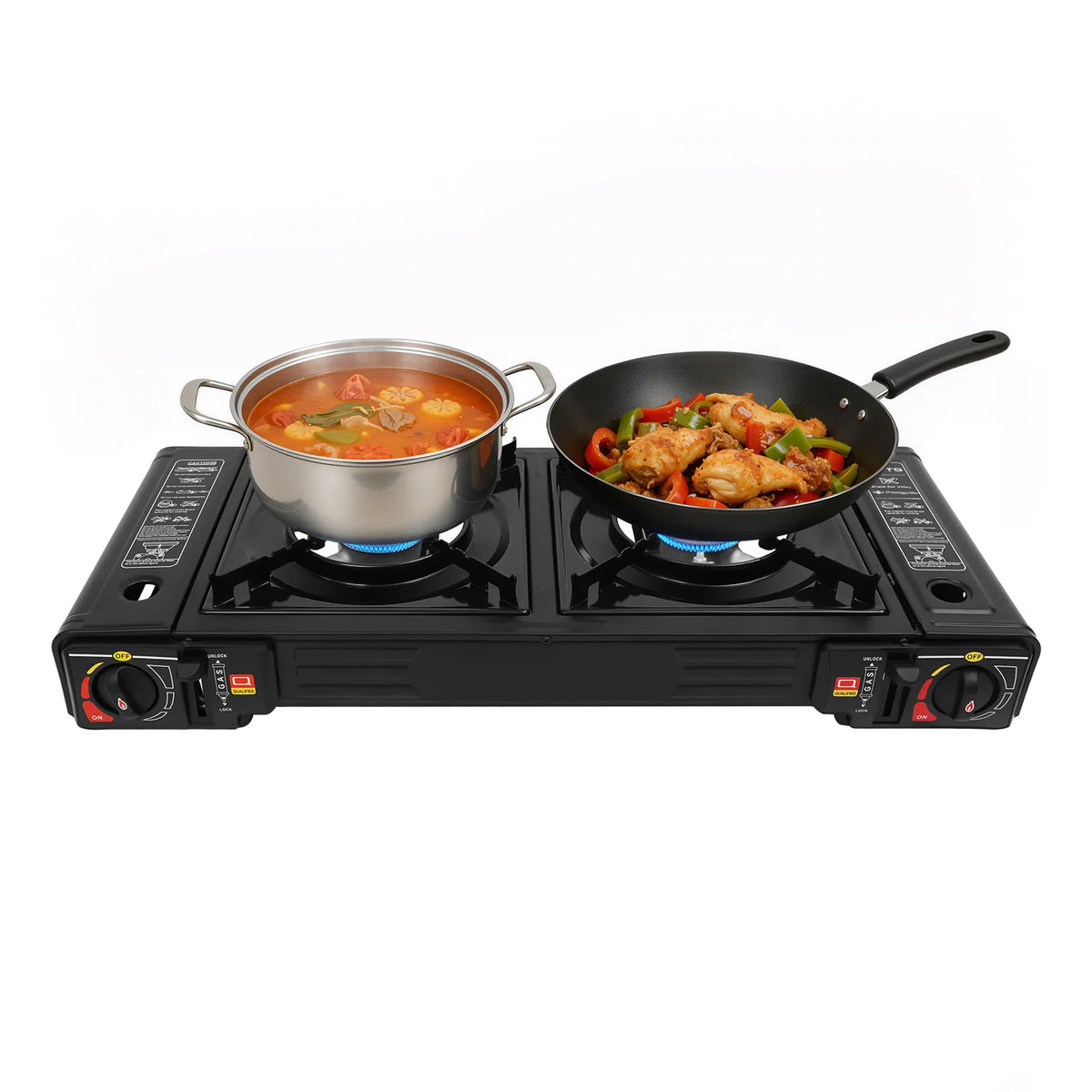 2 Burners Portable Camping Stove Aluminum Iron Plastic Spray Non-stick Coating Heat Rust Resistant Dual Gas Barbecue Cooker 2500W Single Independent Knob Adjustable Fire Outdoor Tabletop Gas Grill For Camping Picnic RV