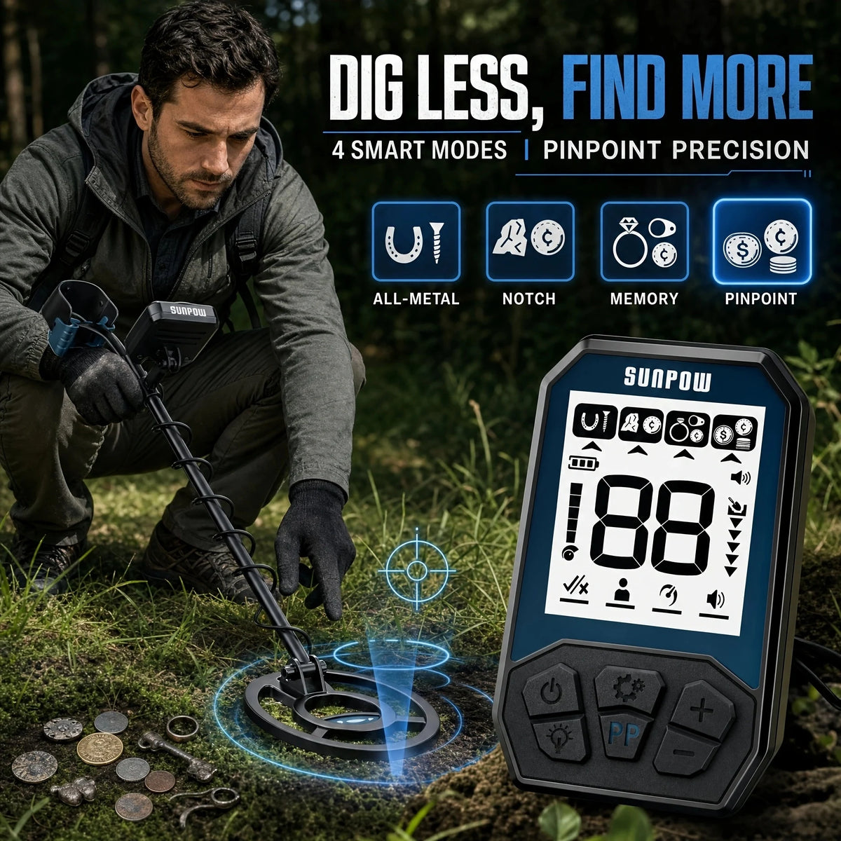 SUNPOW Metal Professional Detector for Adults, 8" IP68 Waterproof Search Coil, Rechargeable 4 Detection Modes 20H Runtime, High Accuracy Lightweight LCD with Pinpoint & Notch, Gold Detector for Beach Outdoor Treasure Hunting