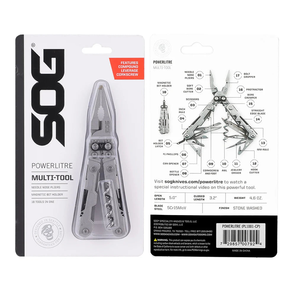 SOG 19 in 1 PowerLitre Mini Multi-tool Pliers 5 Inch Stainless Steel Folding EDC Pocket Knife With Wine Corkscrew Screwdriver Wire Cutter Scissors Can Bottle Opener For Camping Car Travel Survival Daily Carry, Portable Outdoo