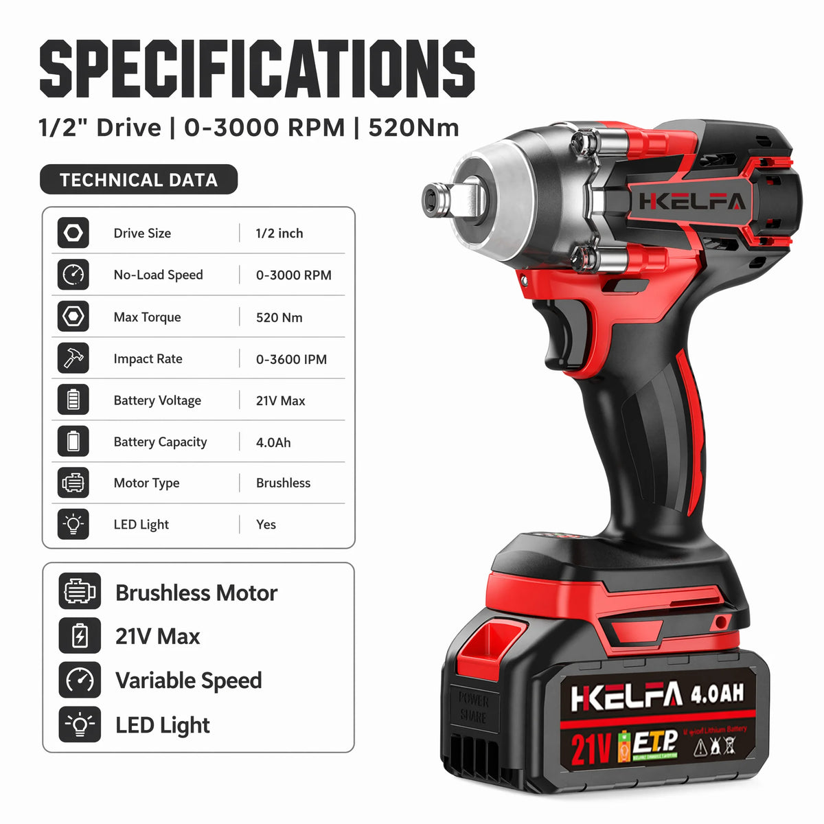 520N.M Brushless Electric Impact Wrench Impact Guns 1/2 Reverse Cordless Electric Wrench for Makita 18V Battery Power Tool