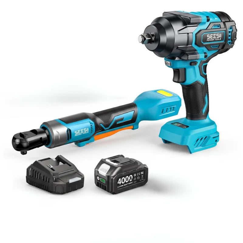 Seesii 3/8" Ratchet Wrench & 1000N.m Impact Wrench Kit Extended Cordless Electric Brushless Torque Impact Gun with 21v 4.0Ah Battery