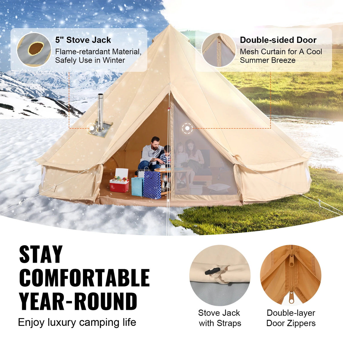 SucceBuy Canvas Bell Tent 4 Seasons 3/4/5/6/7m Yurt Tent Canvas Tent for Camping with Stove Breathable Tent Holds up to 8People