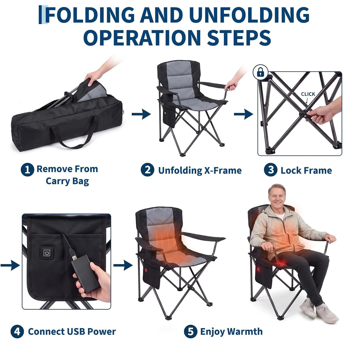 HiMISS Heated Folding Camping Chair With Dual-Zone Seat And Back