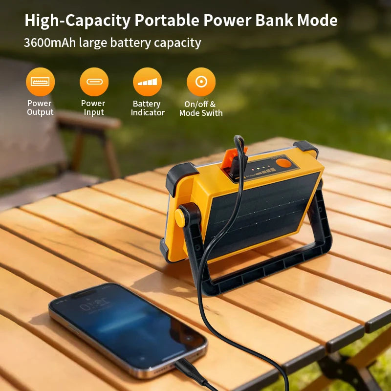 Solar Rechargeable Multifunctional LED Work Light, Portable Outdoor Floodlight-3600mah Lithium Battery, Suitable for Camping