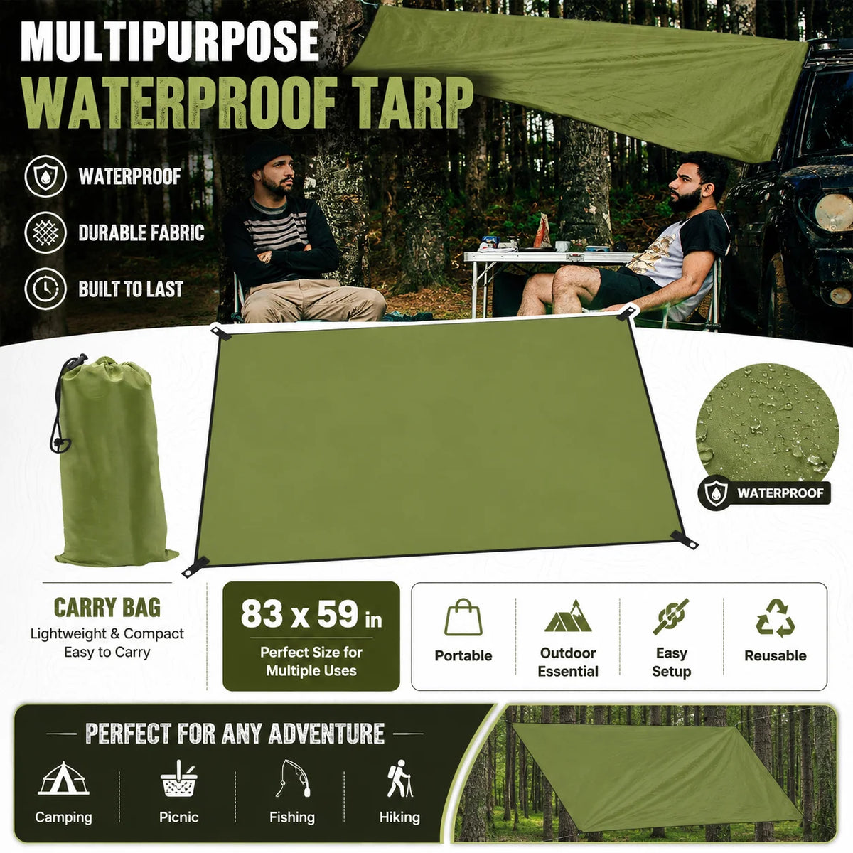 Outdoor Waterproof Camping Tarp Shelter With Grommets For Hiking and Camping