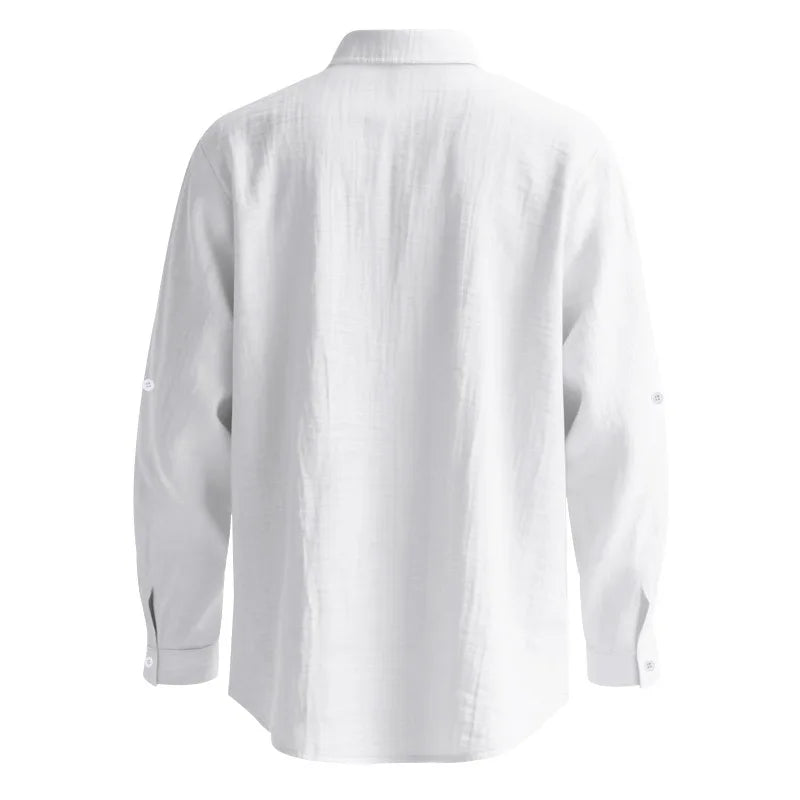 Men Linen Button Down Mandarin Collar Long Sleeve Shirt
