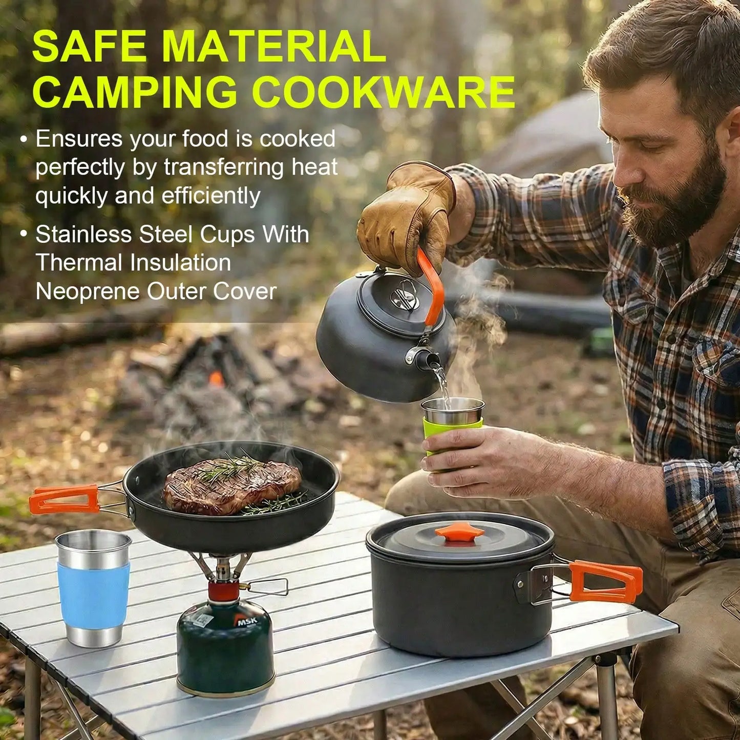 14PCS Camping Cookware Set, Non-Stick Outdoor Cooking Kit With Frying Pan, Pot With Lid, Kettle, 2 Stainless Steel Plates, 2 Folding Cups, 2 Knives Fork Spoons, Perfect For Camping, Hiking, Backpacking & Picnic