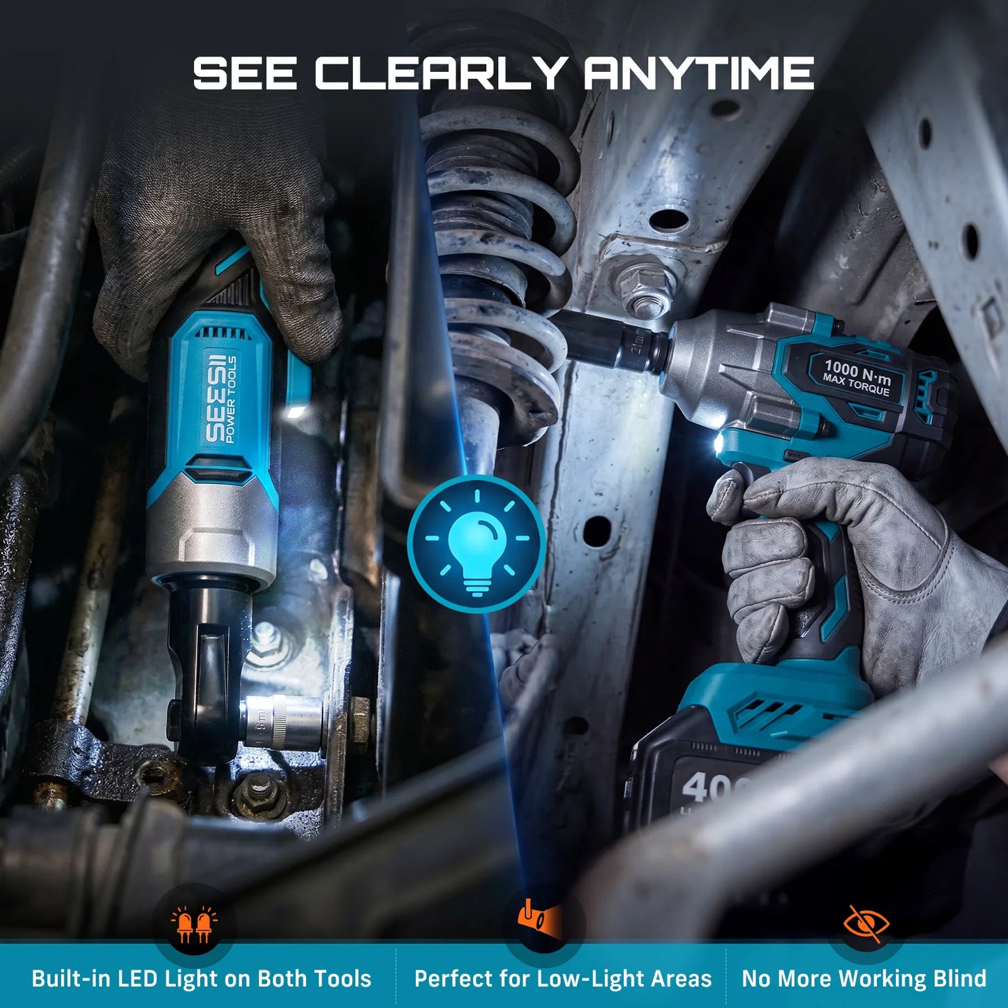 Seesii 3/8" Ratchet Wrench & 1000N.m Impact Wrench Kit Extended Cordless Electric Brushless Torque Impact Gun with 21v 4.0Ah Battery