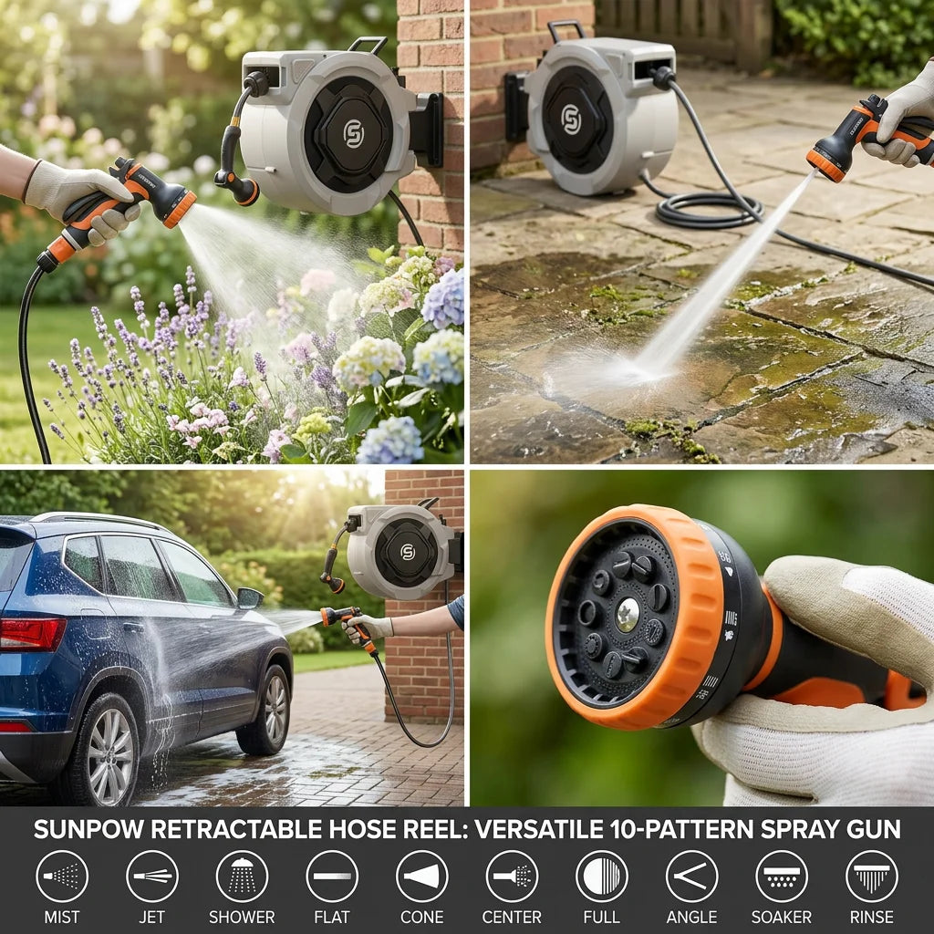 SUNPOW Retractable Garden Hose Reel - 5/8in x 65ft Heavy Duty Wall Mounted Hose Reel with 3/4in Brass Fitting & 10 Function Nozzle - Any Length Lock, Auto Rewind System, 180°Swivel Bracket - Gray