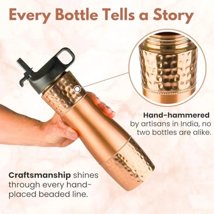 Ayurvedic Copper Water Bottle With Straw And Sports Lid