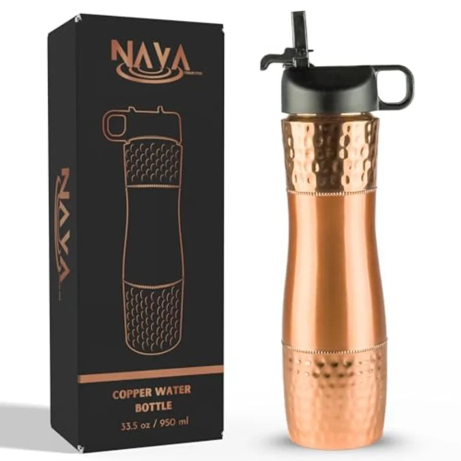 Ayurvedic Copper Water Bottle With Straw And Sports Lid