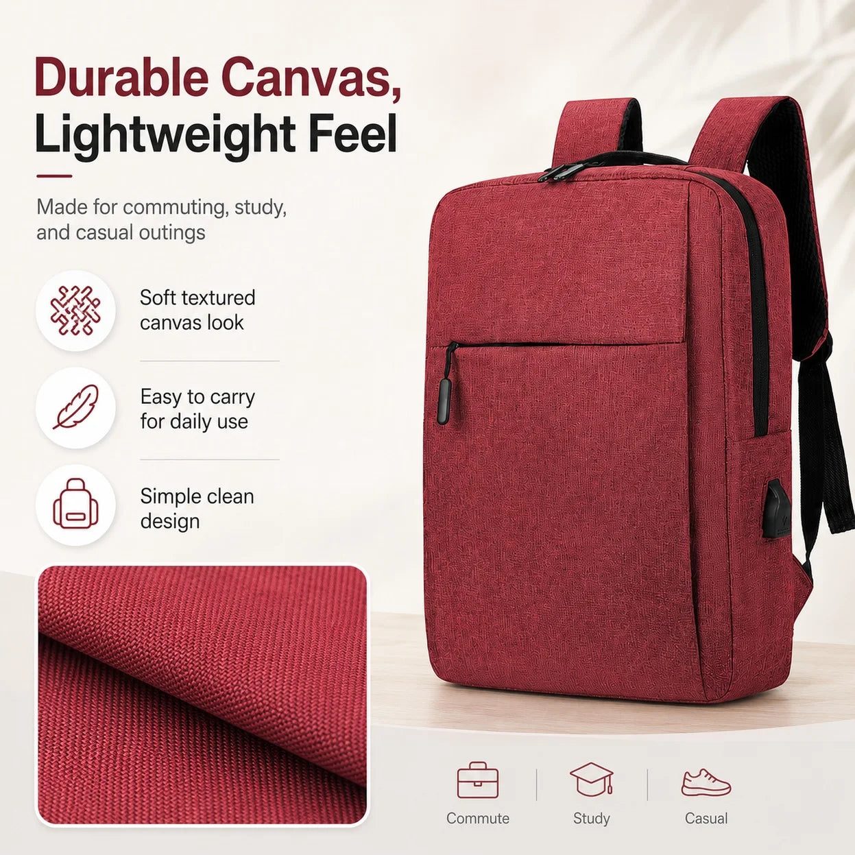 1pc Business Laptop Backpack With USB Charging Port, Water-Resistant Durable Canvas Travel Bookbag, 15.7x11.8in Large Slim Commuter Backpack For Men Women
