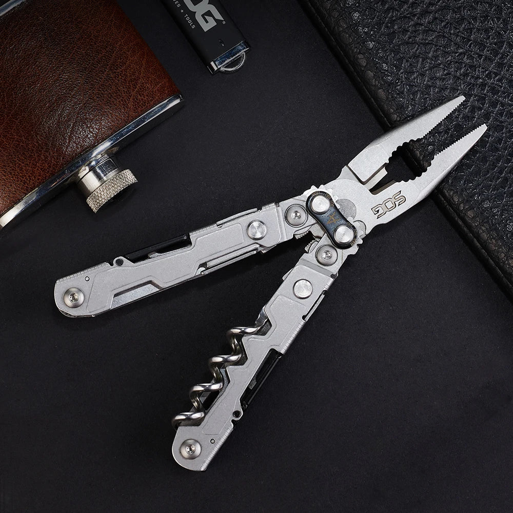 SOG 19 in 1 PowerLitre Mini Multi-tool Pliers 5 Inch Stainless Steel Folding EDC Pocket Knife With Wine Corkscrew Screwdriver Wire Cutter Scissors Can Bottle Opener For Camping Car Travel Survival Daily Carry, Portable Outdoo