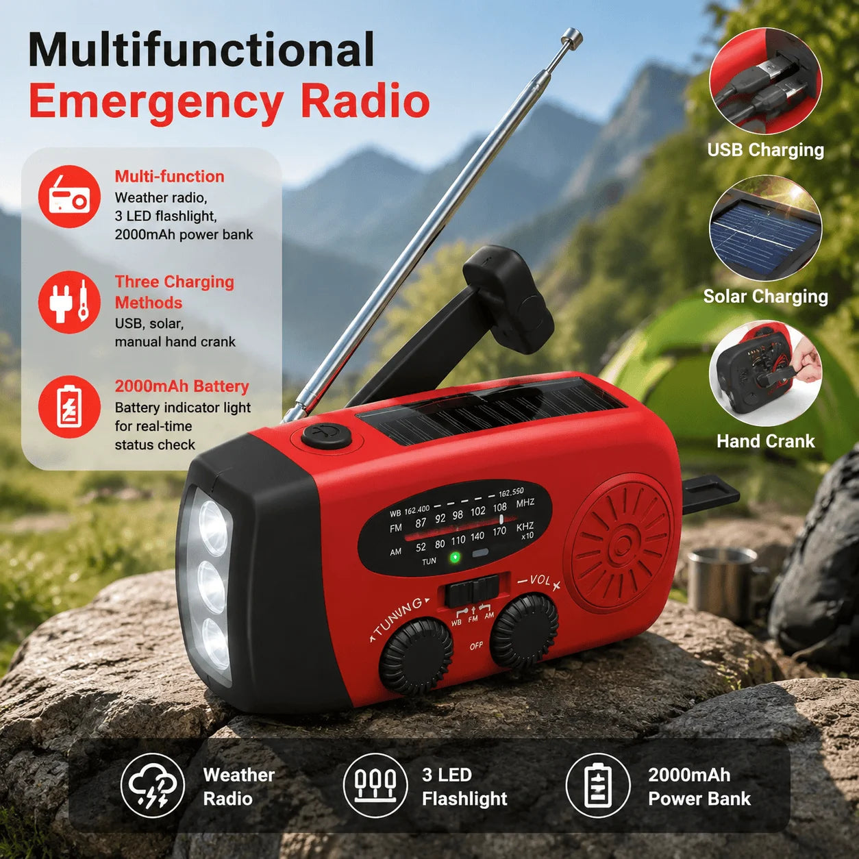 Hand Crank Solar Emergency Radio With Flashlight And Power Bank