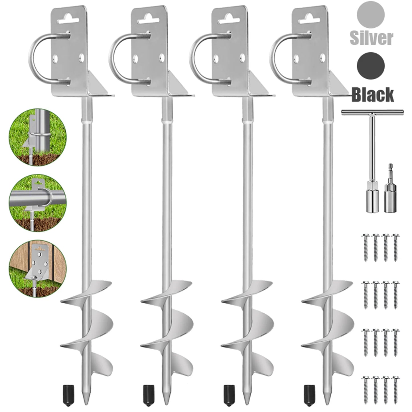 4 Pack 20 & 28 " Ground Anchors Screw in Shed Anchor with L Bracket Trampoline Anchor Spiral Swingset Anchors for Swing Set, Mobile Home, Fence, Playset, Tent, Canopy Carport  Silver Black