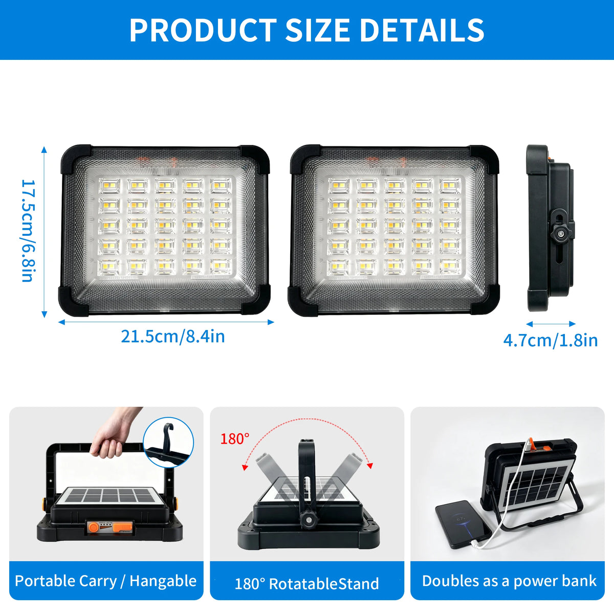 Morglad Portable LED Solar Floodlight Rechargeable Outdoor Emergency Searchlight