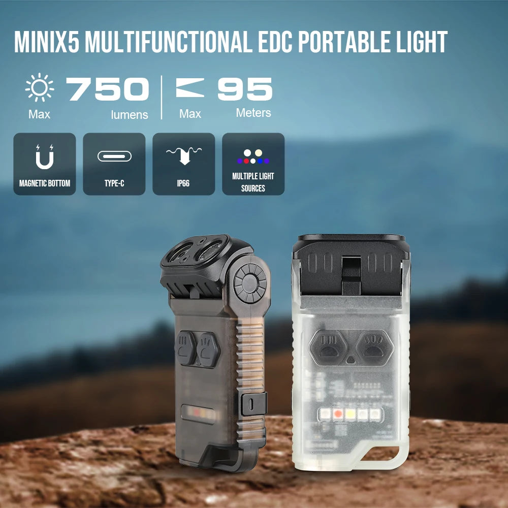 Trustfire MINIX5 750LM EDC Flashlight Rechargeable IP66 Waterproof Red UV Light Floodlight Spotlight Side Light Compact LED Torch Camping Hiking Emergency Everyday Carry