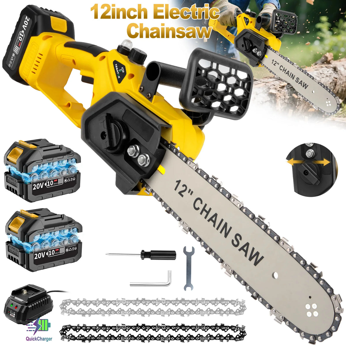 TEGATOK Brushless Cordless Chainsaw Dual Battery 1200W Electric Saw