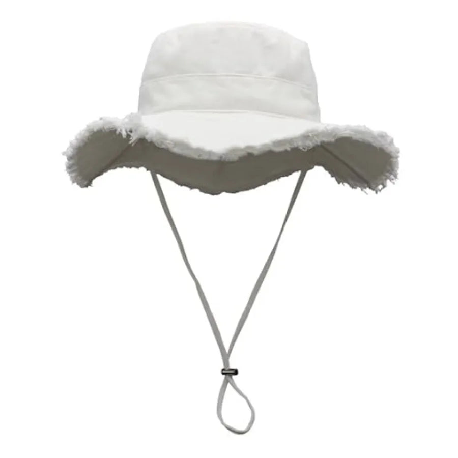 Womens UPF50+ Cotton Wide Brim Sun Hat with Strap Ladies Summer Floppy Hats Packable Women Washed Fringes Bucket Hat