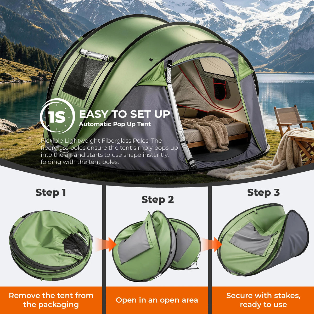 Instant Pop Up Waterproof Family Camping Tent With Front Awning