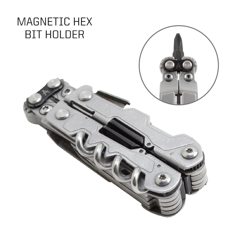 SOG 19 in 1 PowerLitre Mini Multi-tool Pliers 5 Inch Stainless Steel Folding EDC Pocket Knife With Wine Corkscrew Screwdriver Wire Cutter Scissors Can Bottle Opener For Camping Car Travel Survival Daily Carry, Portable Outdoo