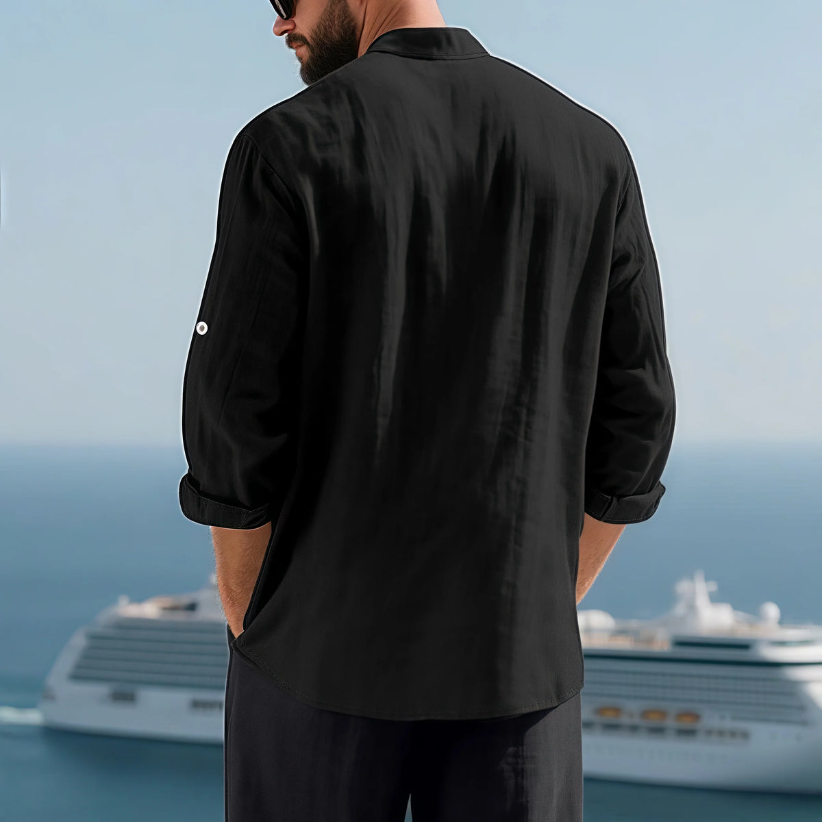 Men Linen Button Down Mandarin Collar Long Sleeve Shirt
