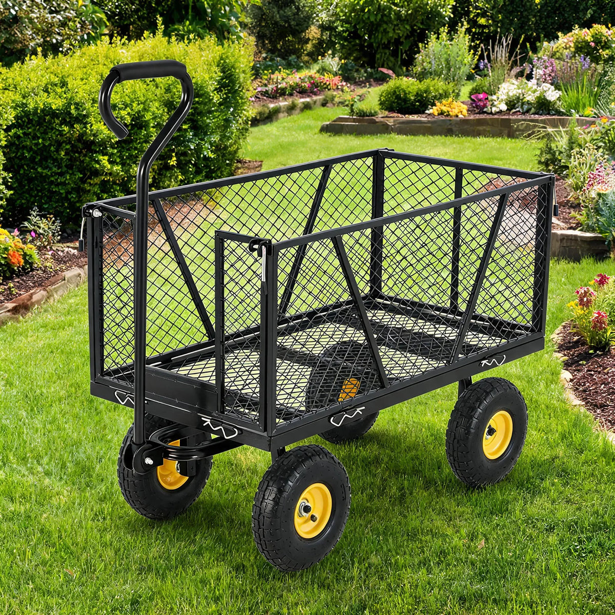 HiMISS Heavy Duty Steel Garden Cart With Removable Sides