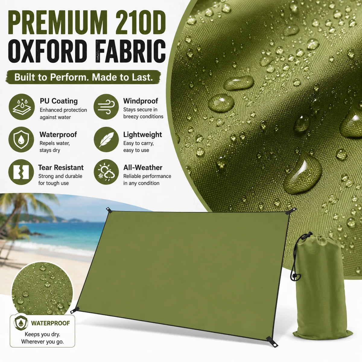Outdoor Waterproof Camping Tarp Shelter With Grommets For Hiking and Camping
