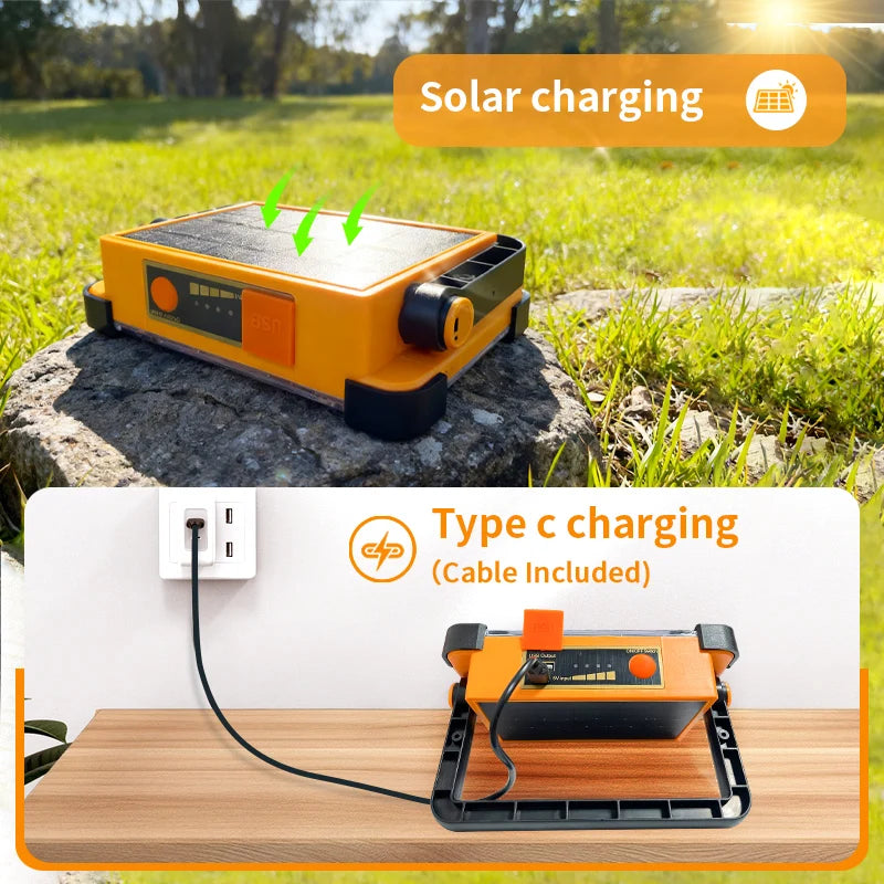 Solar Rechargeable Multifunctional LED Work Light, Portable Outdoor Floodlight-3600mah Lithium Battery, Suitable for Camping