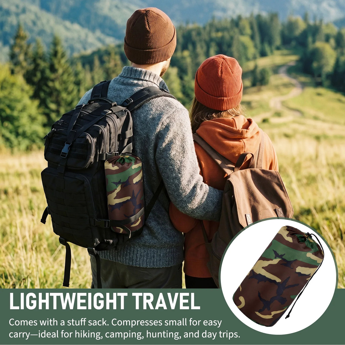 Camouflage Camping Blanket, 78.7"×55.1" Waterproof Warm Outdoor Quilted Throw, Lightweight Compact Puffer Blanket with Carry Bag for Camping Hiking Travel Hunting