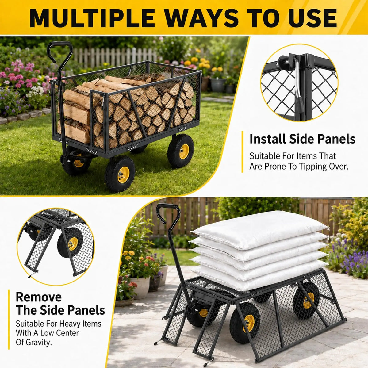 HiMISS Heavy Duty Steel Garden Cart With Removable Sides