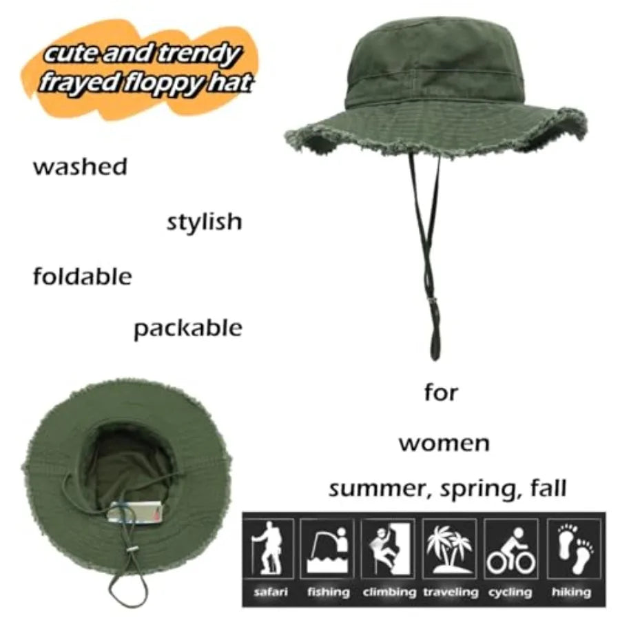Womens UPF50+ Cotton Wide Brim Sun Hat with Strap Ladies Summer Floppy Hats Packable Women Washed Fringes Bucket Hat
