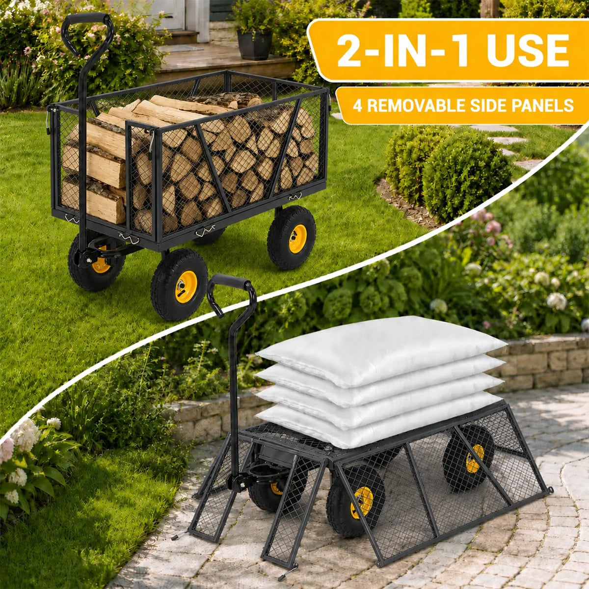 HiMISS Heavy Duty Steel Garden Cart With Removable Sides