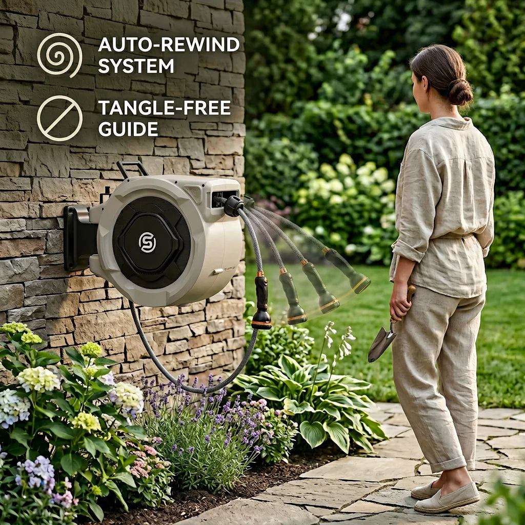 SUNPOW Retractable Garden Hose Reel - 5/8in x 65ft Heavy Duty Wall Mounted Hose Reel with 3/4in Brass Fitting & 10 Function Nozzle - Any Length Lock, Auto Rewind System, 180°Swivel Bracket - Gray